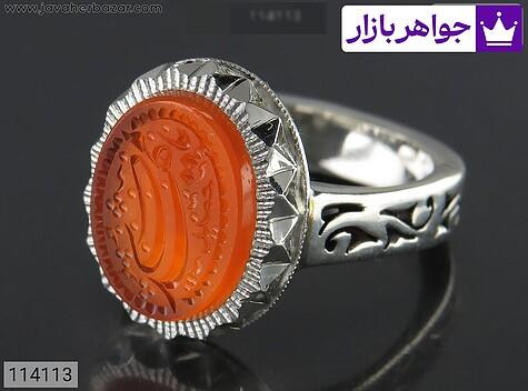 انگشتر نقره عقیق یمنی نارنجی خاک تربت مردانه دست ساز [یا مهدی] - 114113